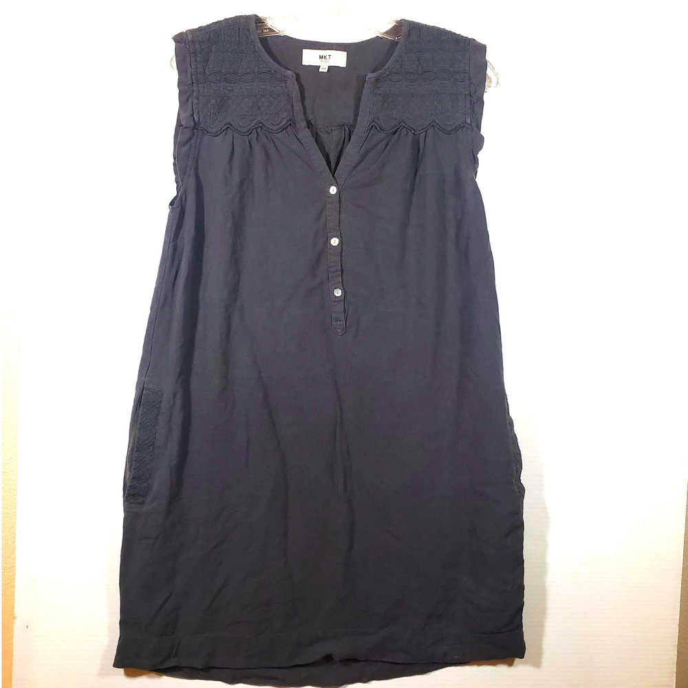 MKT Studio Linen Embroidered Dress Pockets Sleeveless Black Charcoal Sz 40 US 8